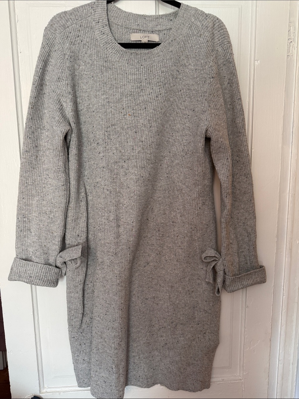 LOFT Light Gray Speckled Ribbed Crewneck Sweater Dress with Side Sleeve Ties